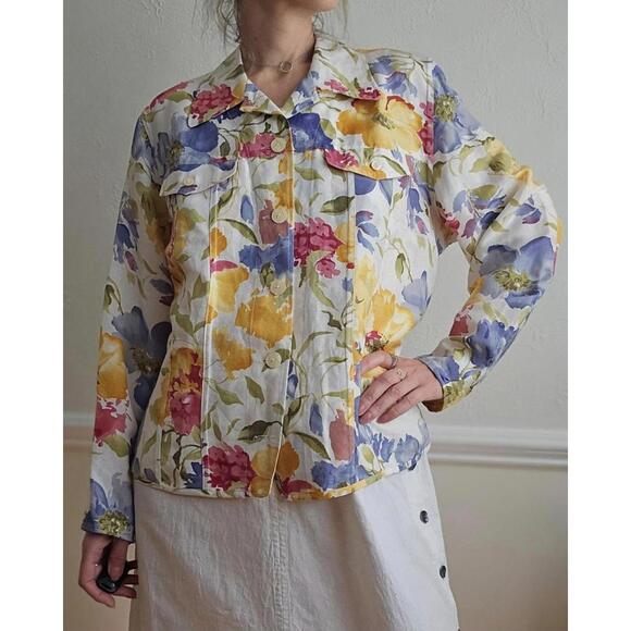 Vintage Floral Linen Blend Jacket: Lightweight Spring Blouse, Pockets - Picture 2 of 7